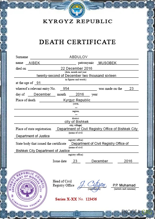 Modèle PSD de certificat de décès du Kirghizistan